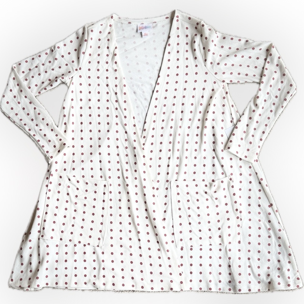 LuLaRoe White Caroline Cardigan with mauve Polka Dots